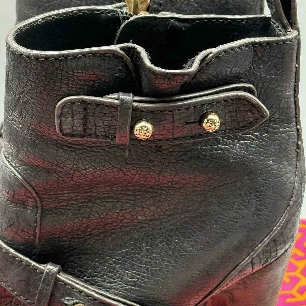 Tory Burch Landers Bootie Black Leather Studded‎ Ankle Boots Chunky Heel Size 7
